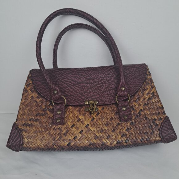 Vintage Straw and Faux Leather Purple Tan Bag - Picture 2 of 16